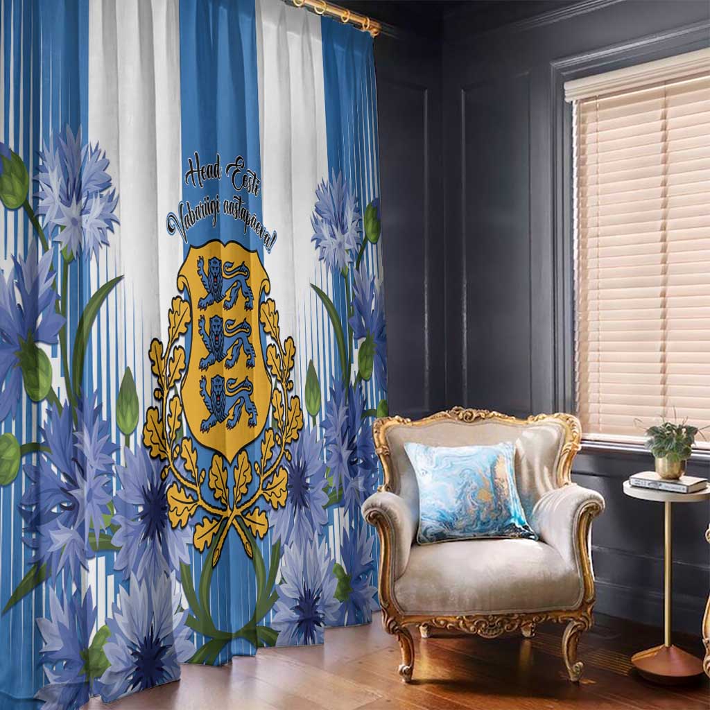 Pair of blue and white window curtains with florals and central Estonian coat of arms