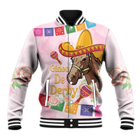 Pink unisex baseball jacket with horse rider graphic, sombrero, and striped ribbed collar