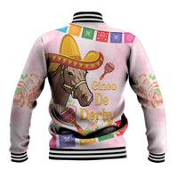 Pink unisex baseball jacket back view with horse graphic, sombrero, and colorful text print