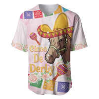 Pink baseball jersey with button front and colorful horse-and-sombrero graphic