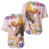 Pink baseball jersey front and back view with horse-and-sombrero graphic