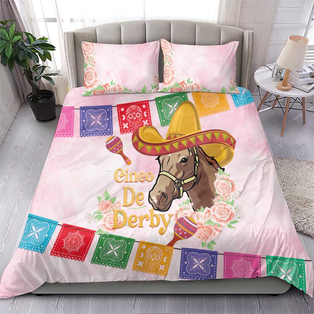 Pink duvet and pillow set featuring horse with sombrero, roses, and multicolor banner border