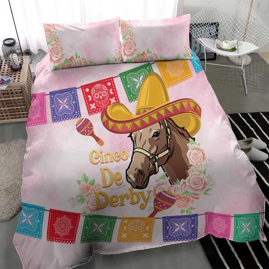Pink bedding set with horse portrait, yellow sombrero, roses, and patchwork geometric trim