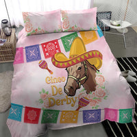 Pink bedding set with horse portrait, yellow sombrero, roses, and patchwork geometric trim
