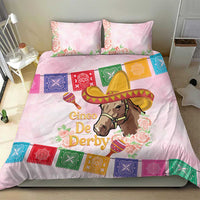 Pink duvet set with horse and sombrero graphic, rose details, and colorful square border