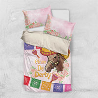 Pink bedding set with horse wearing sombrero, floral roses, and bright multicolor corner squares