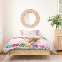 Pink bedding set with horse graphic, sombrero hat, roses, and multicolor patterned trim