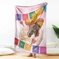 Pink blanket with sombrero horse portrait on one side, floral roses, and colorful bunting panels.