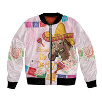 Pink bomber jacket with full-zip, black ribbed cuffs, and colorful horse-and-rose racing graphic