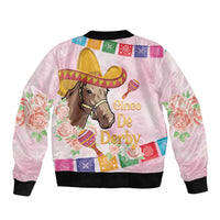 Pink bomber jacket back with black ribbed cuffs and colorful horse/rose racing graphic