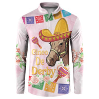 Pink button sweatshirt with horse, sombrero, and Cinco De Derby lettering graphic