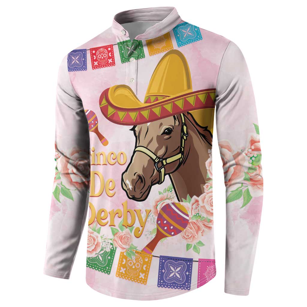 Pink button sweatshirt, side view, featuring horse and sombrero Cinco De Derby graphic