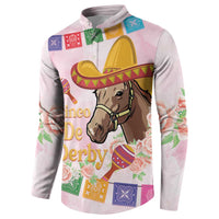 Pink button sweatshirt, side view, featuring horse and sombrero Cinco De Derby graphic