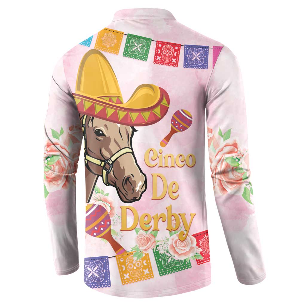 Pink button sweatshirt back view with horse and sombrero Cinco De Derby lettering