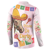 Pink button sweatshirt back view with horse and sombrero Cinco De Derby lettering