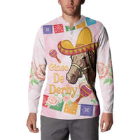 Pink long-sleeve button sweatshirt with horse-and-sombrero Cinco De Derby front graphic