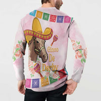 Pink button sweatshirt back view with horse, sombrero, and floral panel design