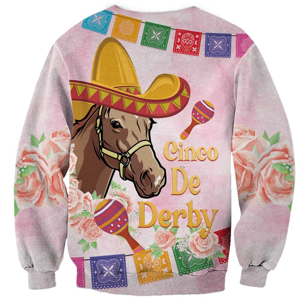 Unisex pink crewneck sweatshirt with large horse in sombrero and colorful festival lettering