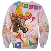 Unisex pink crewneck sweatshirt with large horse in sombrero and colorful festival lettering