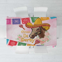 Pink tablecloth with Cinco De Derby horse and sombrero graphic plus colorful banner print