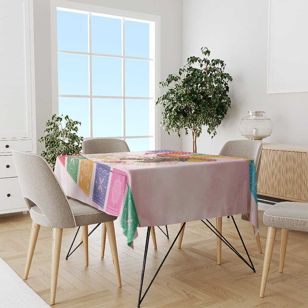 Pink tablecloth with colorful bandana square panels and horse graphic on dining table