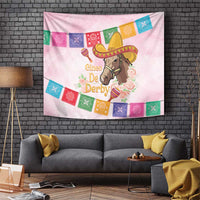 Pink horse-racing tapestry with sombrero horse, multicolor bunting squares, and roses