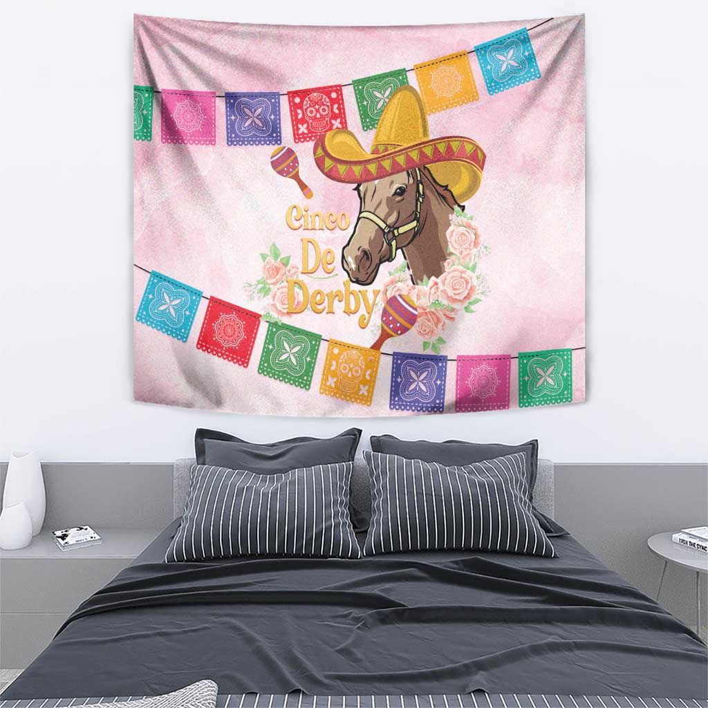 Pink wall tapestry featuring sombrero horse, “Cinco De Derby” text, and floral roses