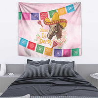 Pink wall tapestry featuring sombrero horse, “Cinco De Derby” text, and floral roses