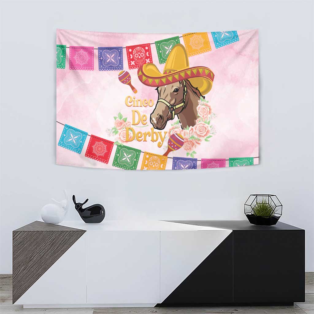 Pink horse racing wall tapestry with sombrero horse, “Cinco De Derby” text, and roses