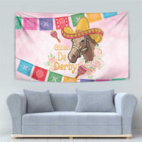 Pink Cinco De Derby tapestry with sombrero horse graphic and multicolor banner trim