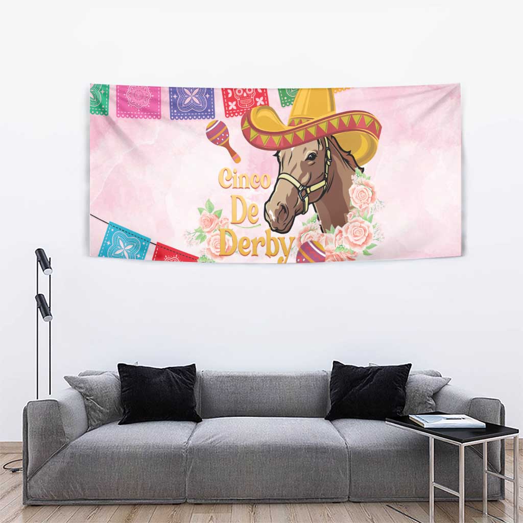 Pink horse-racing tapestry with sombrero horse, multicolor bunting, and rose accents