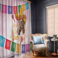 Pink horse-themed window curtain with “Cinco De Derby” text and floral accents