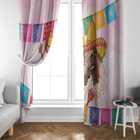 Pink window curtain on a white window, with horse portrait and banner edge print