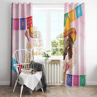 Pink window curtain set with “Cinco De Derby” graphic and banner panel details
