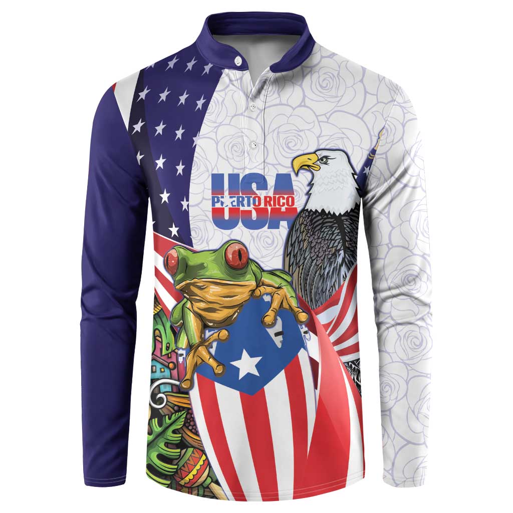 United States Puerto Rico Button Sweatshirt USA Curve Flag With Coqui Drum - Wonder Print Shop