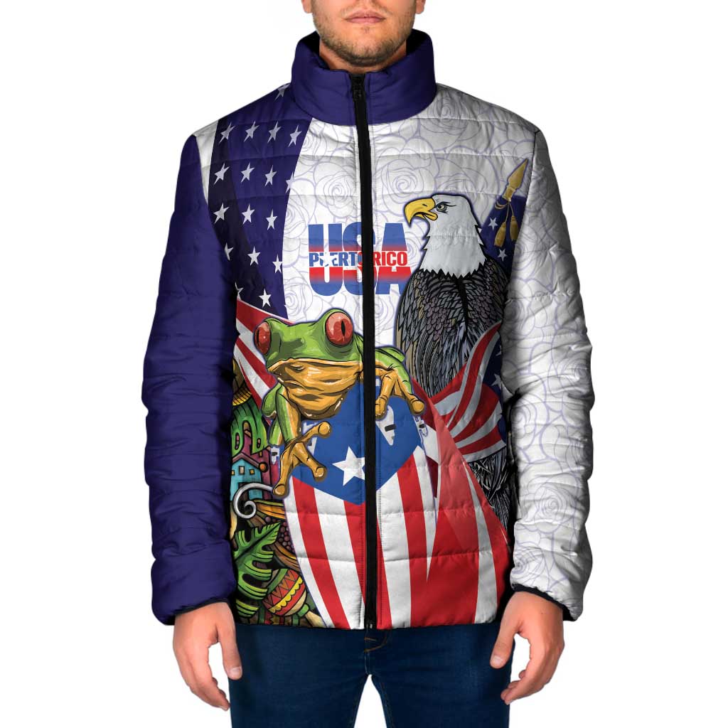 United States Puerto Rico Padded Jacket USA Curve Flag With Coqui Drum - Wonder Print Shop