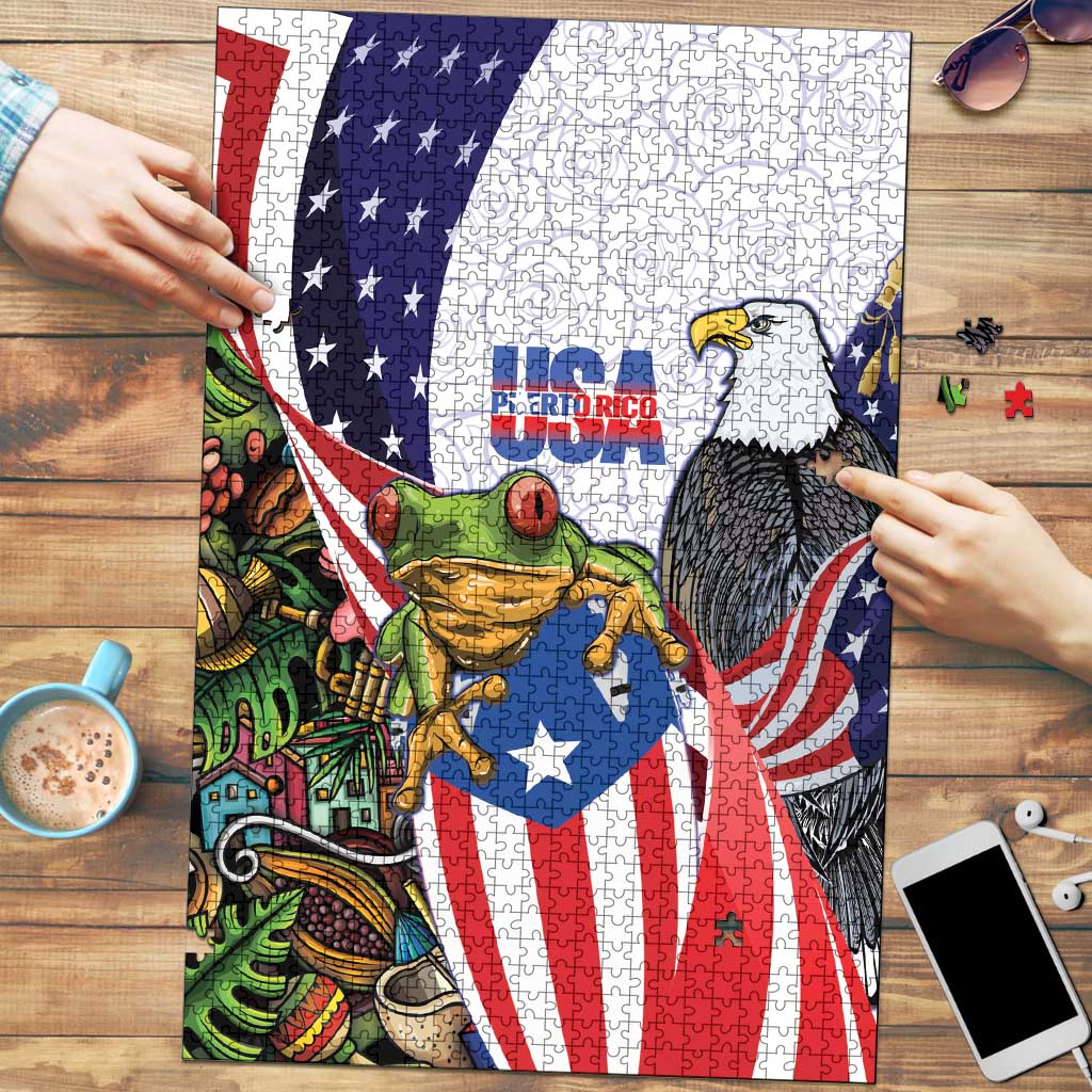 United States Puerto Rico Puzzle USA Curve Flag With Coqui Drum - Wonder Print Shop