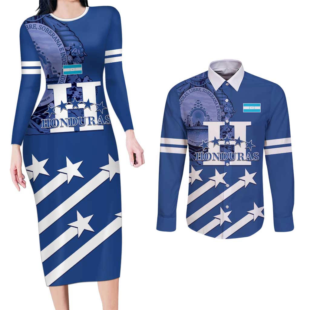 Custom Honduras Football Couples Matching Long Sleeve Bodycon Dress and Long Sleeve Button Shirt 2025 Vamos Los Catrachos