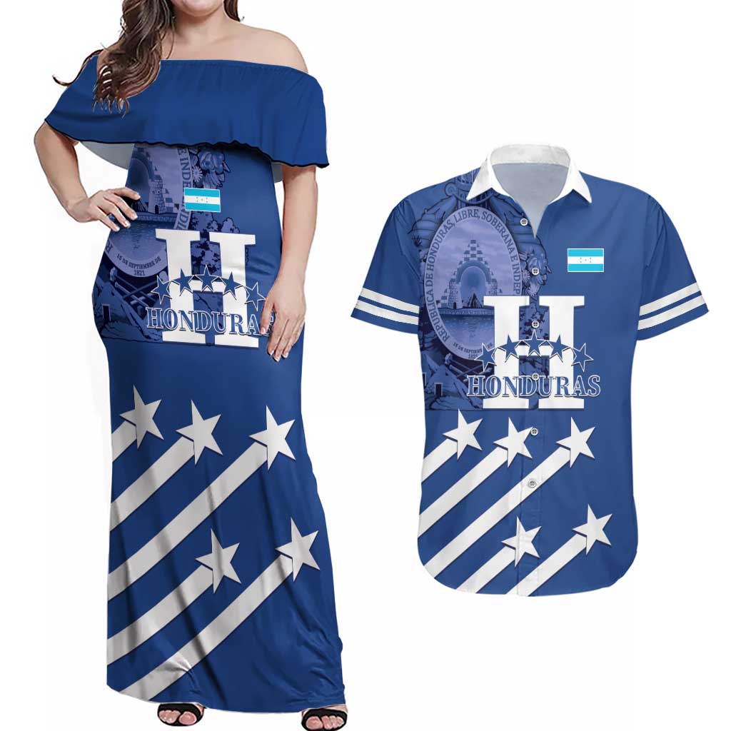 Custom Honduras Football Couples Matching Off Shoulder Maxi Dress and Hawaiian Shirt 2025 Vamos Los Catrachos