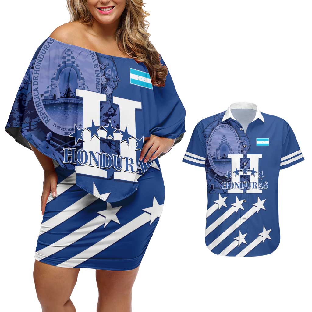 Custom Honduras Football Couples Matching Off Shoulder Short Dress and Hawaiian Shirt 2025 Vamos Los Catrachos