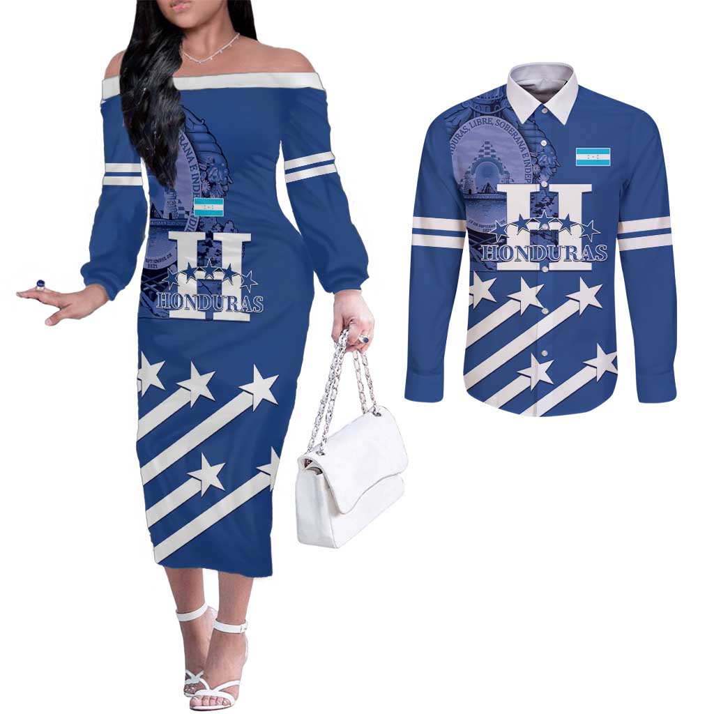 Custom Honduras Football Couples Matching Off The Shoulder Long Sleeve Dress and Long Sleeve Button Shirt 2025 Vamos Los Catrachos