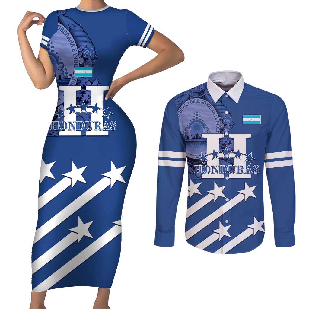 Custom Honduras Football Couples Matching Short Sleeve Bodycon Dress and Long Sleeve Button Shirt 2025 Vamos Los Catrachos