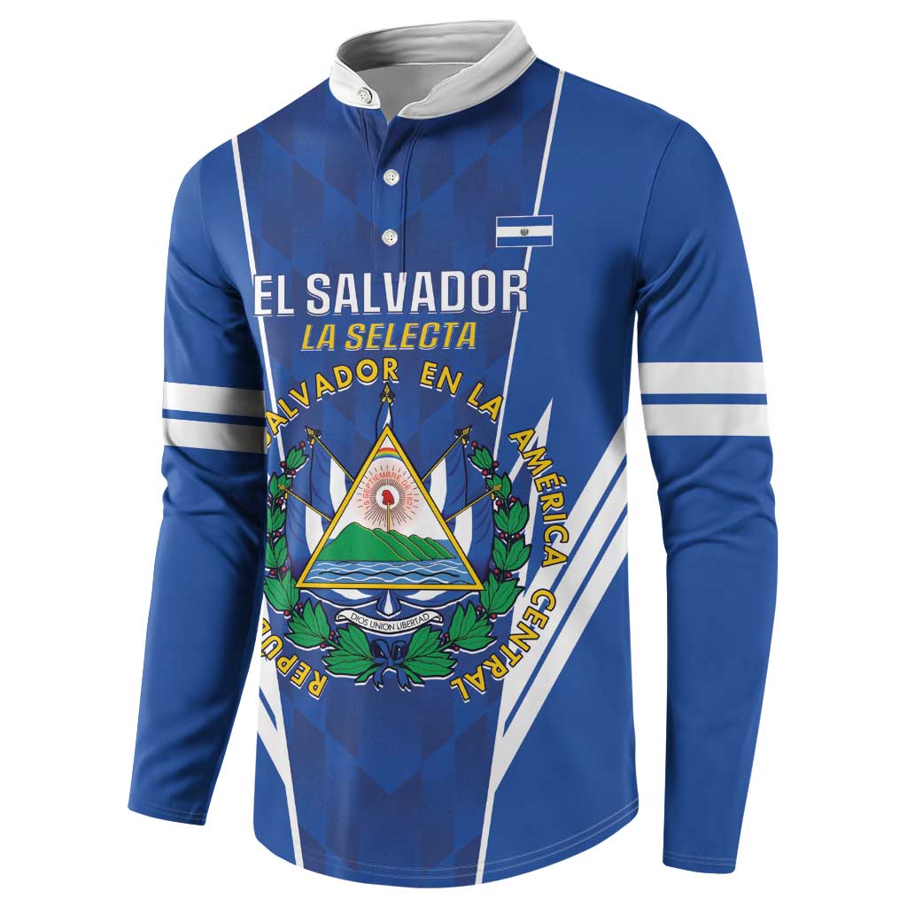 Blue football button sweatshirt with white stripe trim and El Salvador crest graphic