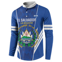 Blue football button sweatshirt with white stripe trim and El Salvador crest graphic