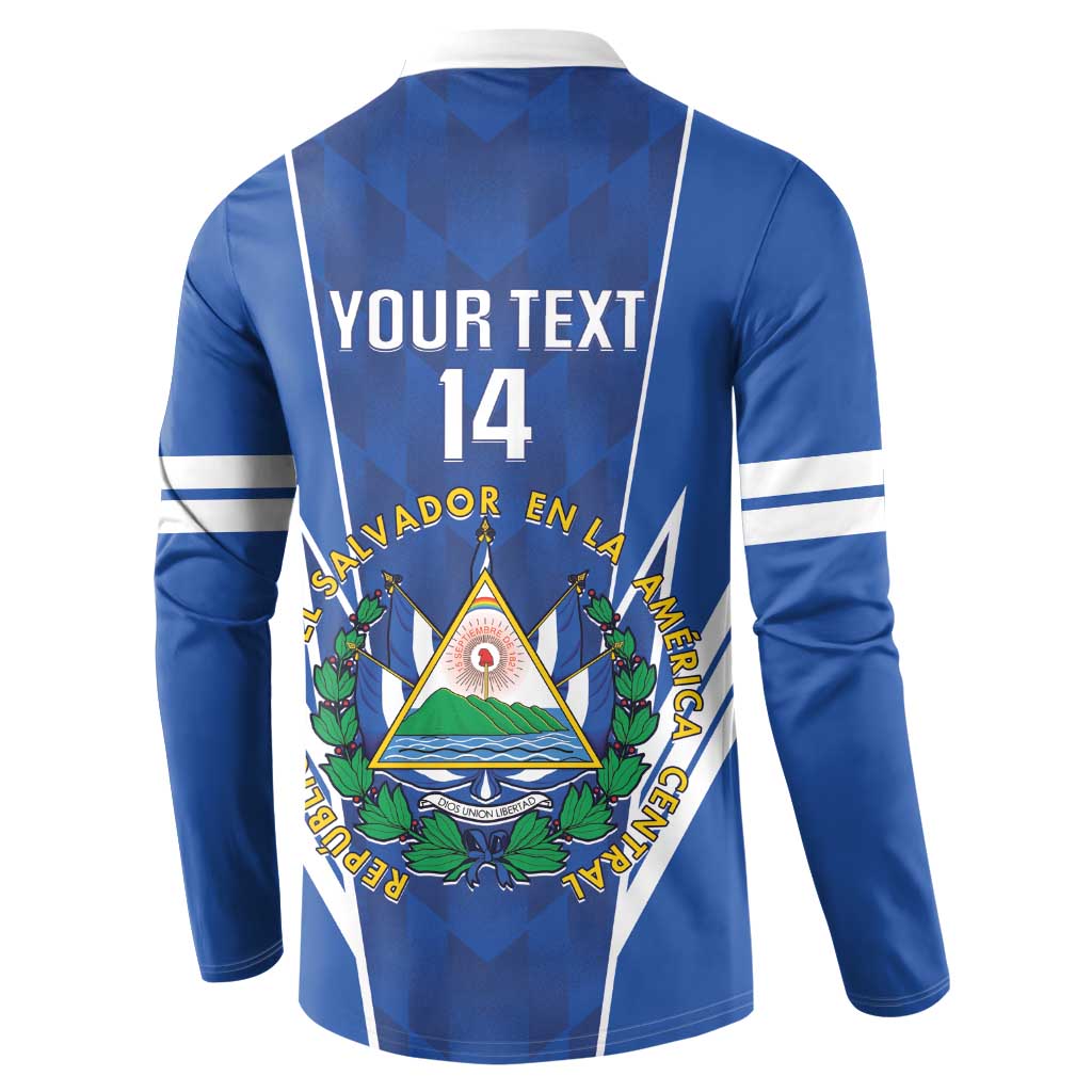 Blue football button sweatshirt back: white stripes, 'YOUR TEXT' and number 14