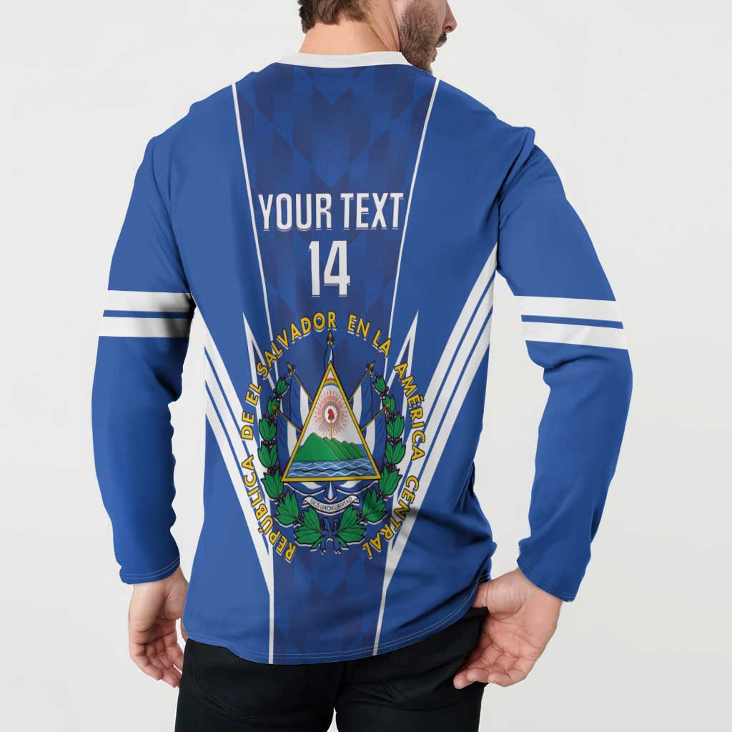 Blue football button sweatshirt back on model with 'YOUR TEXT' 14 and crest graphic