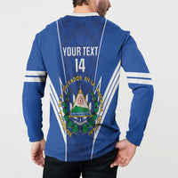 Blue football button sweatshirt back on model with 'YOUR TEXT' 14 and crest graphic