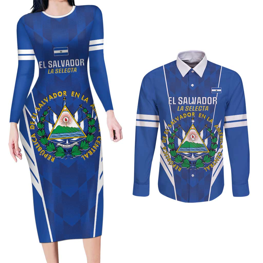 Custom El Salvador Football Couples Matching Long Sleeve Bodycon Dress and Long Sleeve Button Shirt 2025 Vamos La Selecta