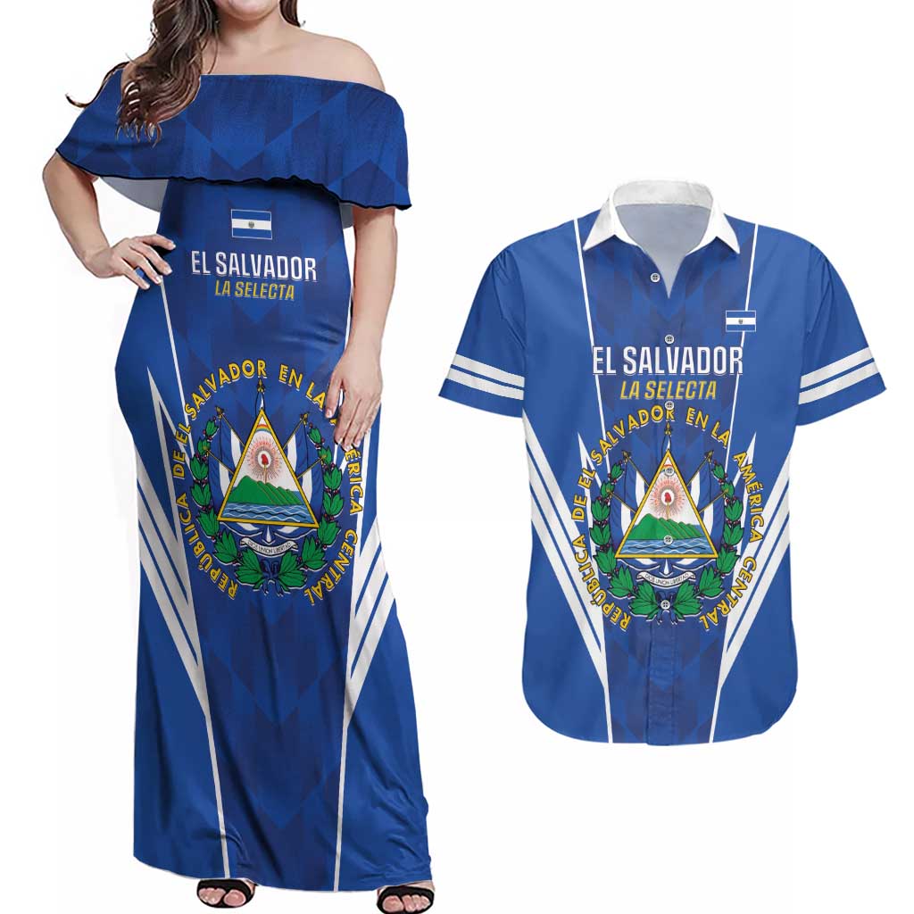 Custom El Salvador Football Couples Matching Off Shoulder Maxi Dress and Hawaiian Shirt 2025 Vamos La Selecta