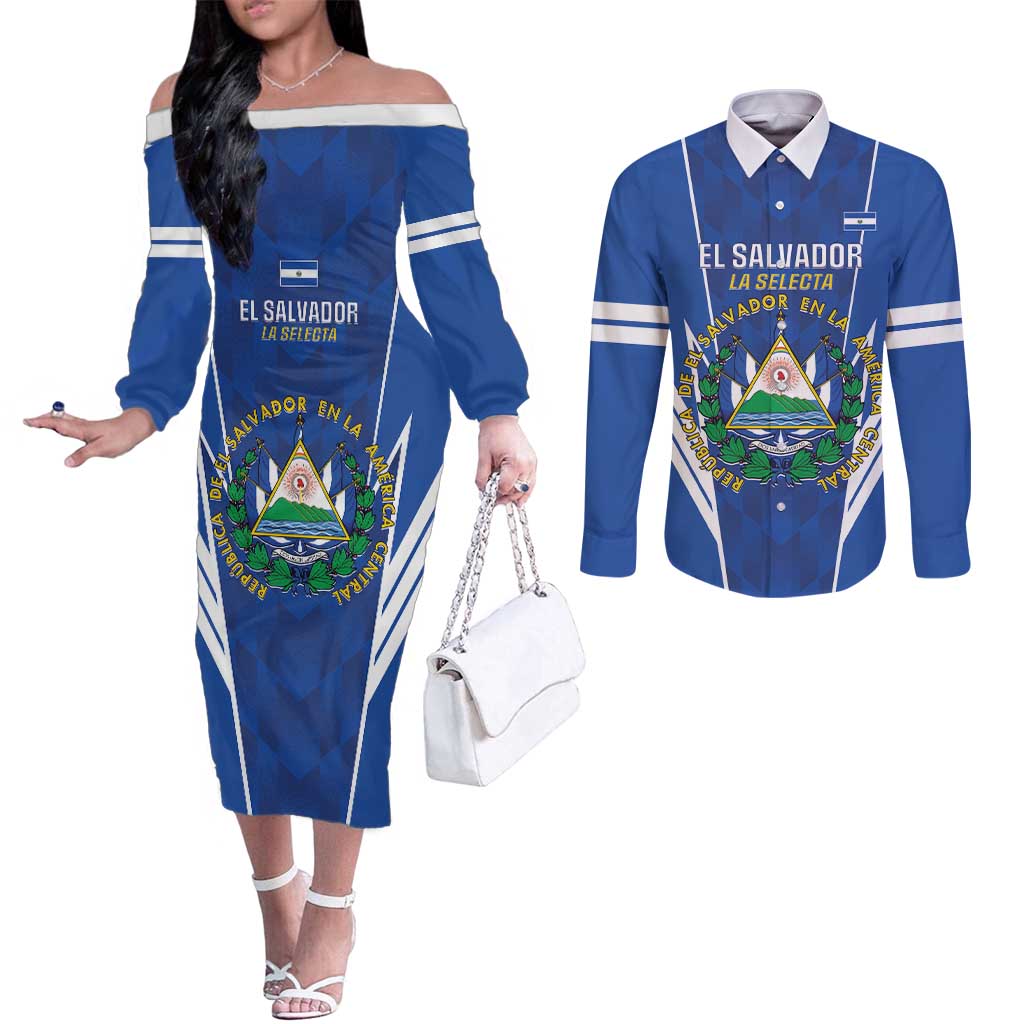 Custom El Salvador Football Couples Matching Off The Shoulder Long Sleeve Dress and Long Sleeve Button Shirt 2025 Vamos La Selecta